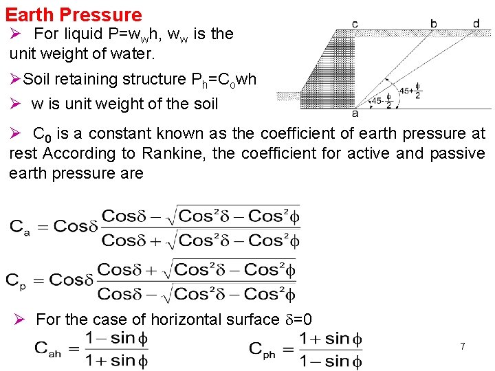 Earth Pressure Ø For liquid P=wwh, ww is the unit weight of water. ØSoil