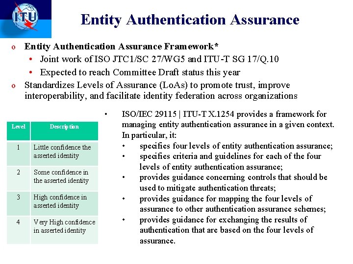 Entity Authentication Assurance o Entity Authentication Assurance Framework* • Joint work of ISO JTC Entity Authentication Assurance o Entity Authentication Assurance Framework* • Joint work of ISO JTC