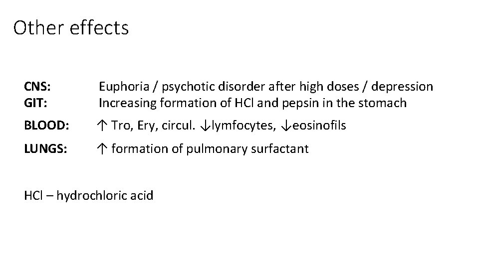 Other effects CNS: GIT: Euphoria / psychotic disorder after high doses / depression Increasing