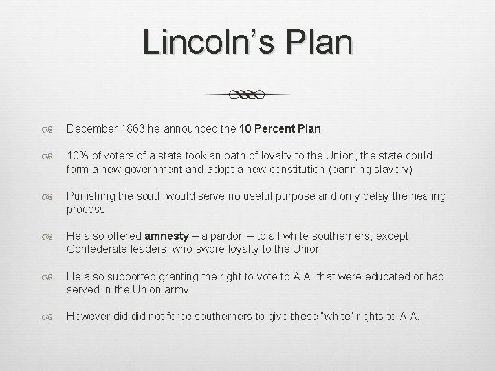 Lincoln’s Plan December 1863 he announced the 10 Percent Plan 10% of voters of