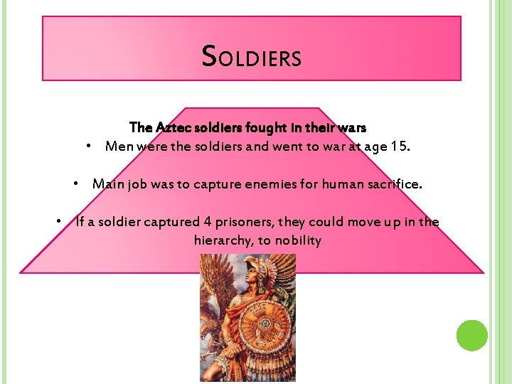 SOLDIERS The Aztec soldiers fought in their wars • Men were the soldiers and