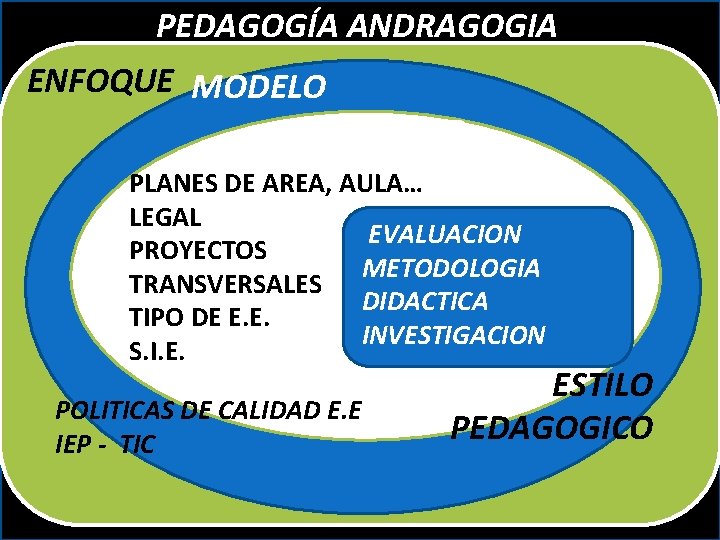 PEDAGOGÍA ANDRAGOGIA ENFOQUE MODELO CURRICULO PLANES DE AREA, AULA… LEGAL EVALUACION PROYECTOS METODOLOGIA TRANSVERSALES