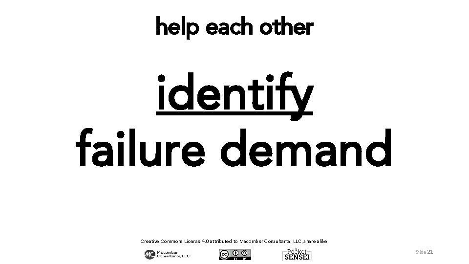 help each other identify failure demand Creative Commons License 4. 0 attributed to Macomber