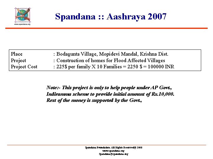 Spandana : : Aashraya 2007 Place Project Cost : Bodagunta Village, Mopidevi Mandal, Krishna