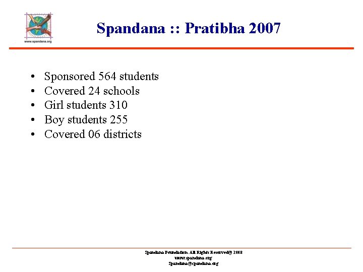 Spandana : : Pratibha 2007 • Sponsored 564 students • Covered 24 schools •