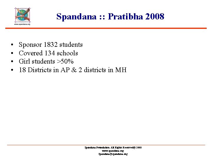 Spandana : : Pratibha 2008 • Sponsor 1832 students • Covered 134 schools •