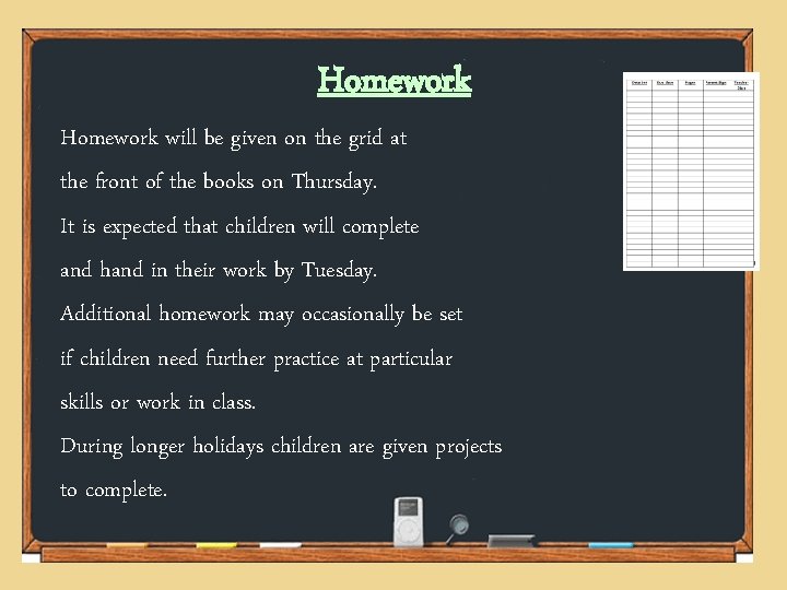 Homework will be given on the grid at the front of the books on
