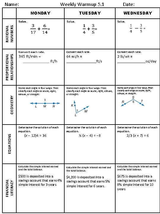 Name: Weekly Warmup 5. 1 TUESDAY WEDNESDAY RATIONAL NUMBERS MONDAY Date: Convert each rate.