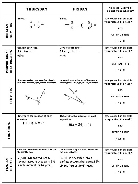 THURSDAY FRIDAY How do you feel about your ability? RATIONAL NUMBERS Rate yourself on