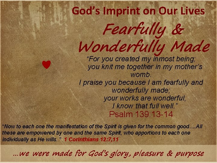 God’s Imprint on Our Lives Fearfully & Wonderfully Made “For you created my inmost