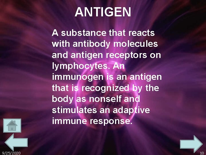 ANTIGEN A substance that reacts with antibody molecules and antigen receptors on lymphocytes. An
