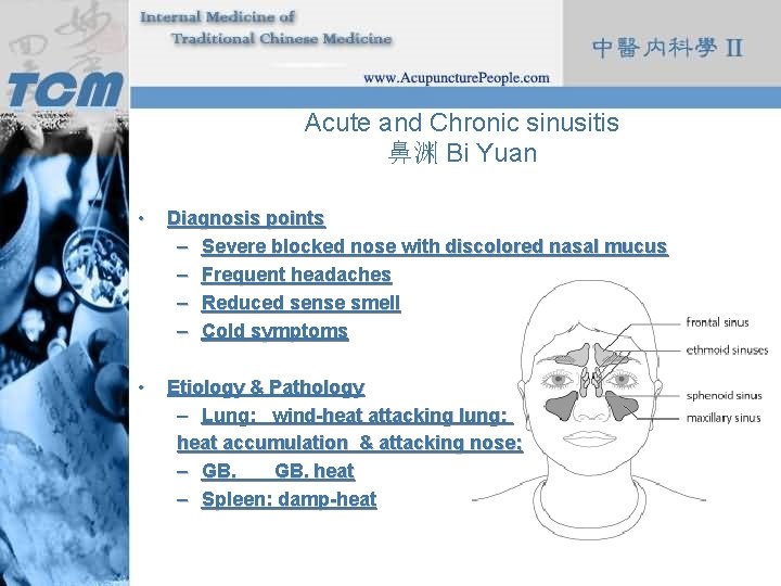 Acute and Chronic sinusitis 鼻渊 Bi Yuan • Diagnosis points – Severe blocked nose