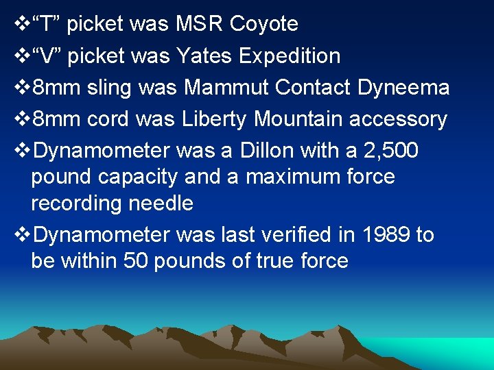 v“T” picket was MSR Coyote v“V” picket was Yates Expedition v 8 mm sling v“T” picket was MSR Coyote v“V” picket was Yates Expedition v 8 mm sling