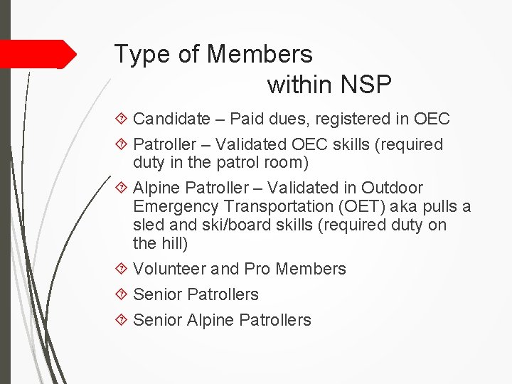 Type of Members within NSP Candidate – Paid dues, registered in OEC Patroller –