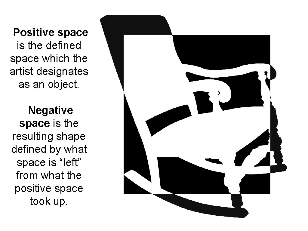 Positive space is the defined space which the artist designates as an object. Negative