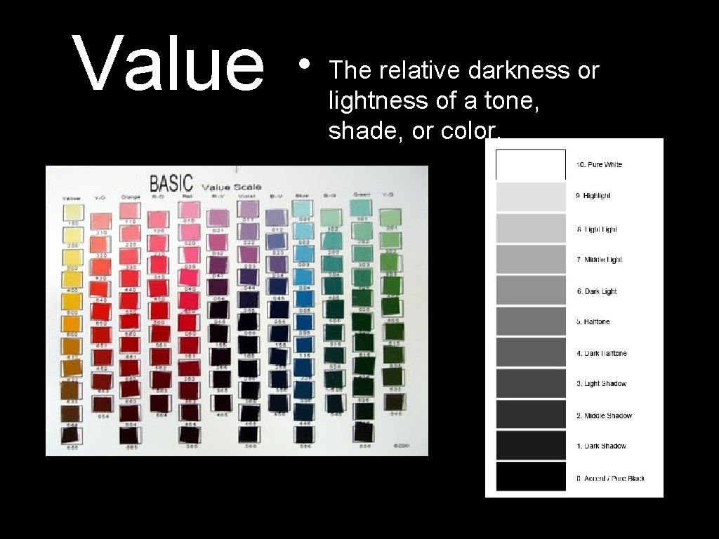 Value • The relative darkness or lightness of a tone, shade, or color. 