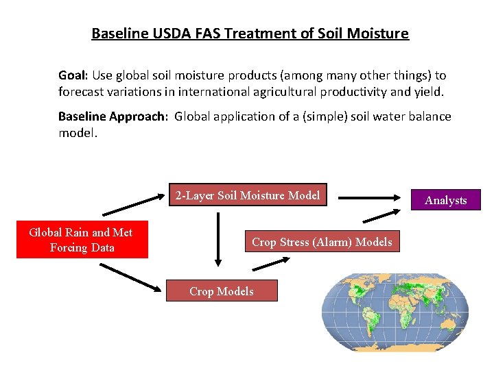 Baseline USDA FAS Treatment of Soil Moisture Goal: Use global soil moisture products (among