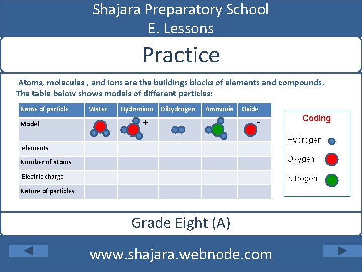 Shajara Preparatory School E. Lessons Practice Atoms, molecules , and ions are the buildings