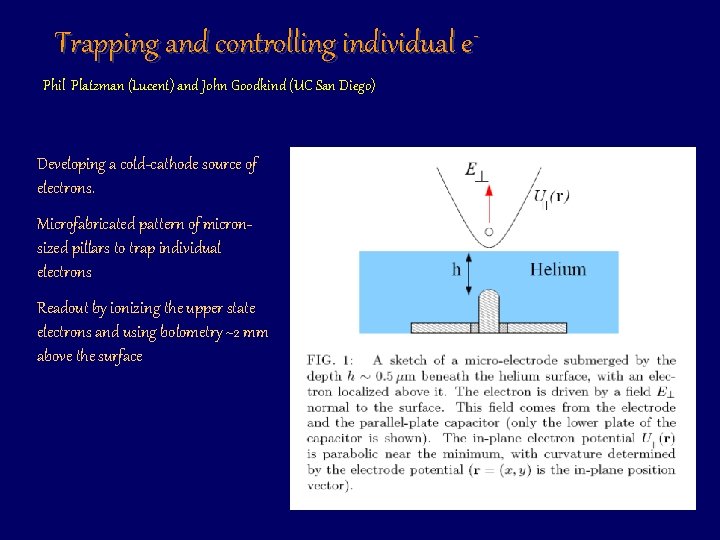 Trapping and controlling individual e. Phil Platzman (Lucent) and John Goodkind (UC San Diego)