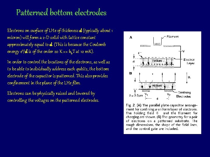Patterned bottom electrodes Electrons on surface of LHe of thickness d (typically about 1