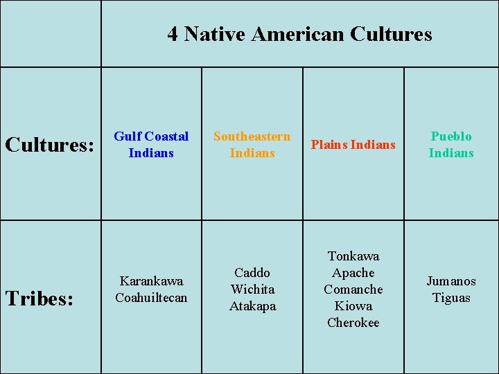 4 Native American Cultures: Tribes: Gulf Coastal Indians Karankawa Coahuiltecan Southeastern Indians Plains Indians