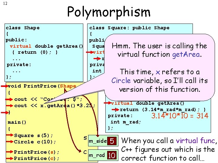 12 Polymorphism class Shape { public: virtual double get. Area() { return (0); }