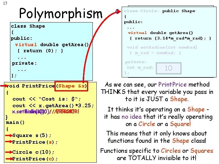 17 Polymorphism class Shape { public: virtual double get. Area() { return (0); }