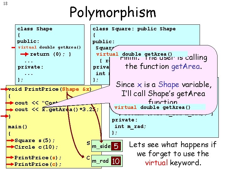 18 Polymorphism class Shape { public: virtual double get. Area() { return (0); }