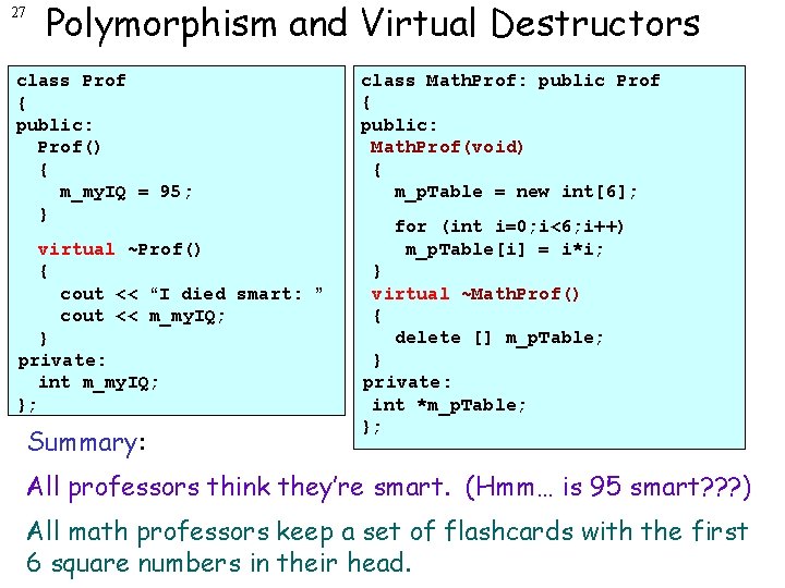 27 Polymorphism and Virtual Destructors class Prof { public: Prof() { m_my. IQ =