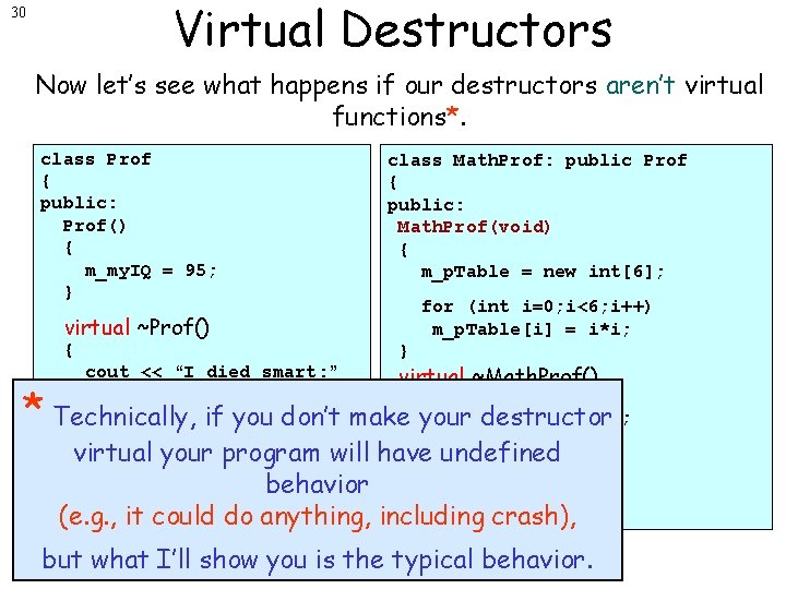 Virtual Destructors 30 Now let’s see what happens if our destructors aren’t virtual functions*.