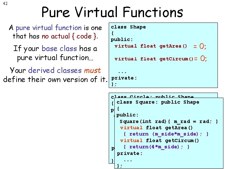 42 Pure Virtual Functions A pure virtual function is one that has no actual