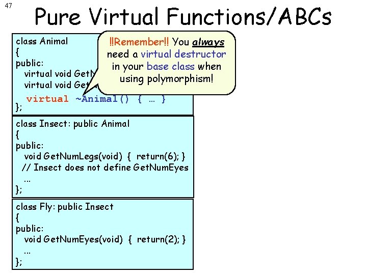 47 Pure Virtual Functions/ABCs class Animal !!Remember!! You always Animal is an ABC, since