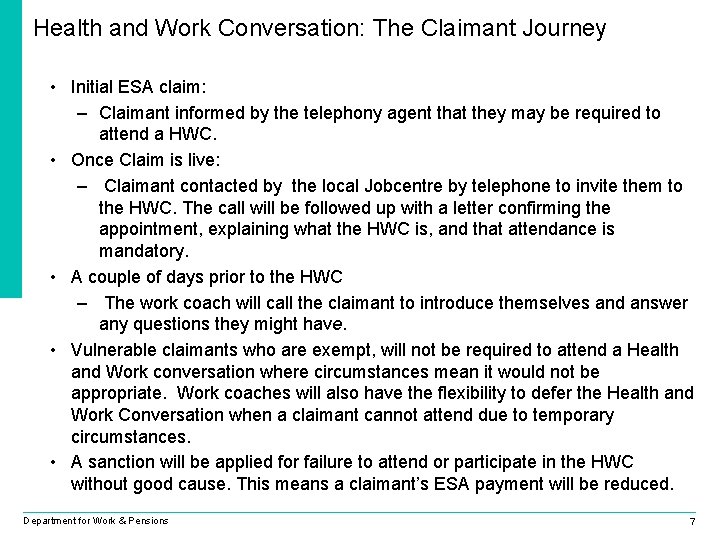 Health and Work Conversation: The Claimant Journey • Initial ESA claim: – Claimant informed