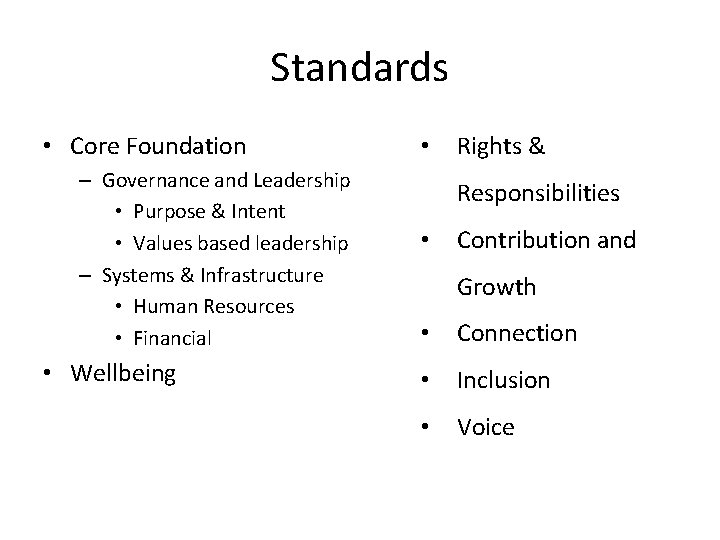 Standards • Core Foundation – Governance and Leadership • Purpose & Intent • Values