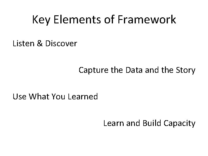 Key Elements of Framework Listen & Discover Capture the Data and the Story Use