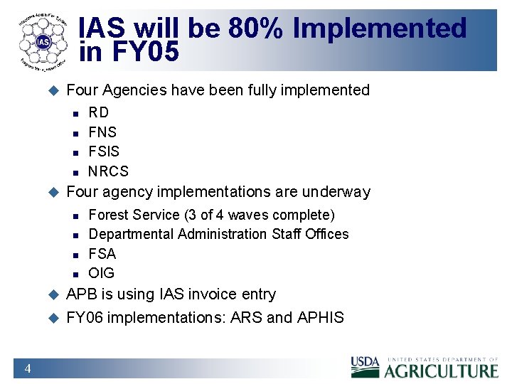 IAS will be 80% Implemented in FY 05 u Four Agencies have been fully