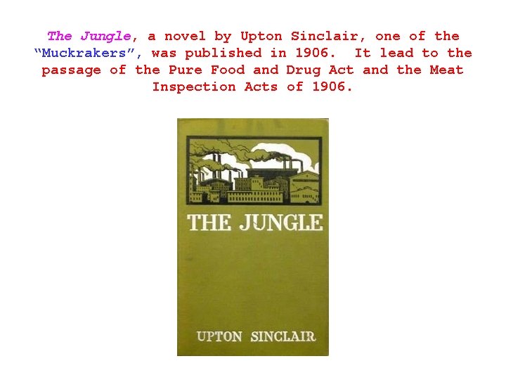 The Jungle, a novel by Upton Sinclair, one of the “Muckrakers”, was published in