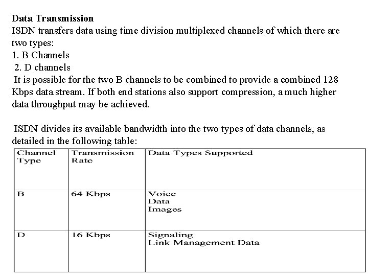 Data Transmission ISDN transfers data using time division multiplexed channels of which there are