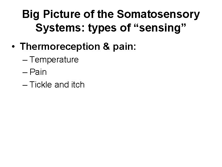 Big Picture of the Somatosensory Systems: types of “sensing” • Thermoreception & pain: –