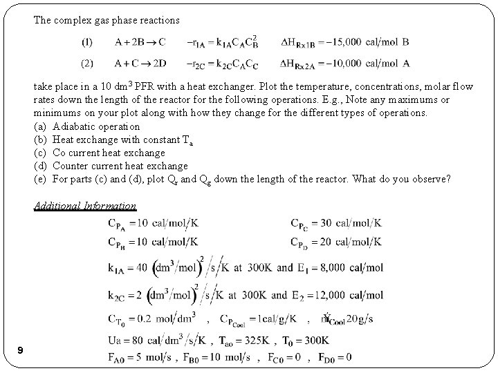 The complex gas phase reactions take place in a 10 dm 3 PFR with