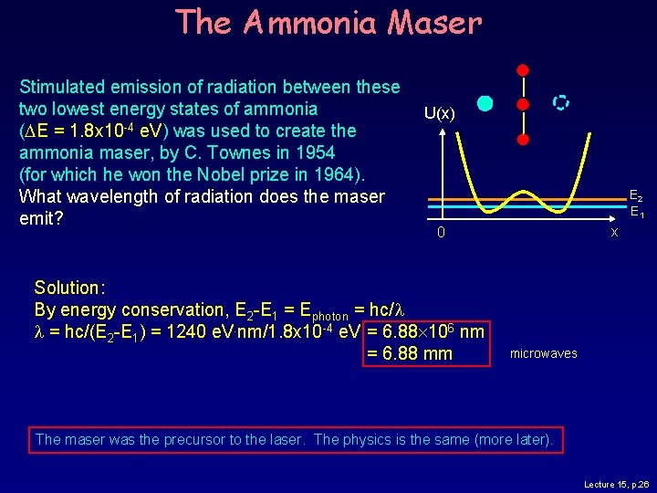 The Ammonia Maser Stimulated emission of radiation between these two lowest energy states of