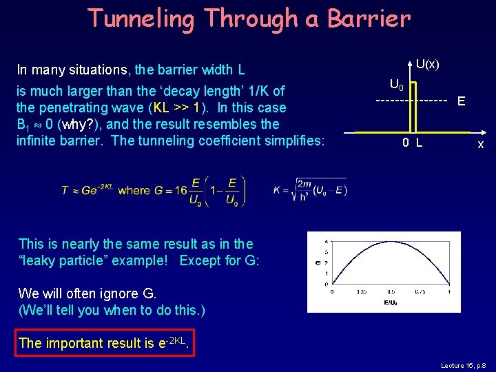 Tunneling Through a Barrier In many situations, the barrier width L is much larger