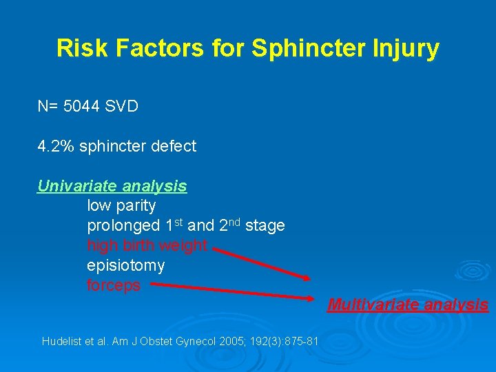 Risk Factors for Sphincter Injury N= 5044 SVD 4. 2% sphincter defect Univariate analysis