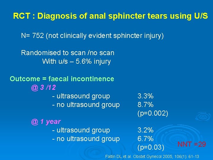 RCT : Diagnosis of anal sphincter tears using U/S N= 752 (not clinically evident