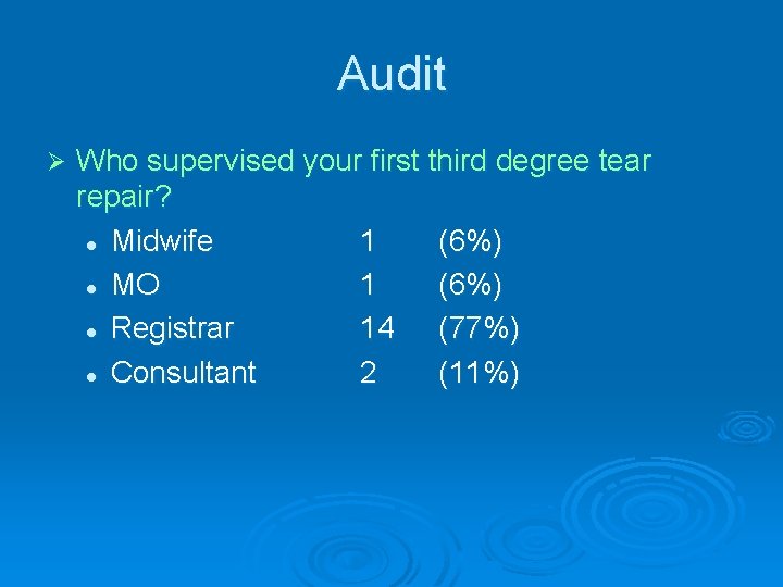 Audit Ø Who supervised your first third degree tear repair? l Midwife 1 (6%)