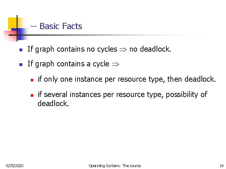-- Basic Facts n If graph contains no cycles no deadlock. n If graph -- Basic Facts n If graph contains no cycles no deadlock. n If graph