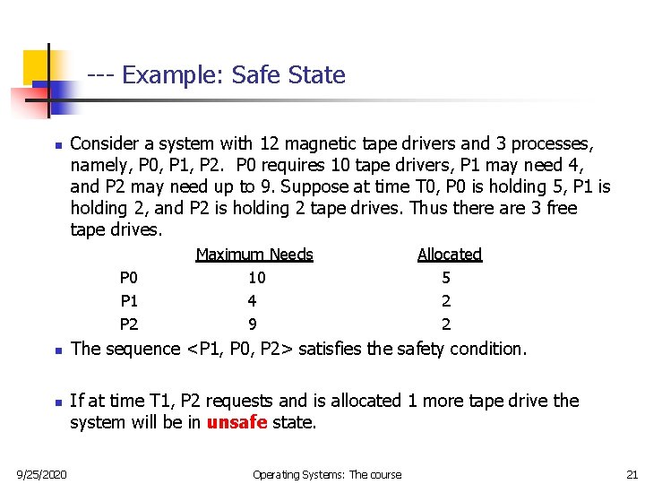 --- Example: Safe State n Consider a system with 12 magnetic tape drivers and --- Example: Safe State n Consider a system with 12 magnetic tape drivers and