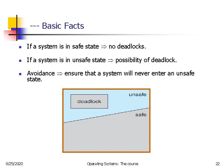 --- Basic Facts n If a system is in safe state no deadlocks. n --- Basic Facts n If a system is in safe state no deadlocks. n