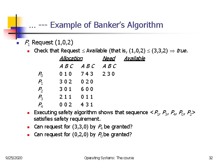 … --- Example of Banker’s Algorithm n P 1 Request (1, 0, 2) n … --- Example of Banker’s Algorithm n P 1 Request (1, 0, 2) n