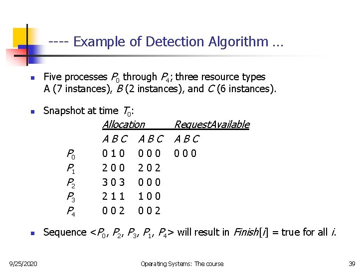 ---- Example of Detection Algorithm … n n Five processes P 0 through P ---- Example of Detection Algorithm … n n Five processes P 0 through P